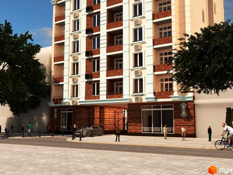 Житловий комплекс Дім на Запорізькій з цегляним фасадом та світлими верхніми поверхами. Перед будинком розташована вимощена територія з деревами та пішоходами.