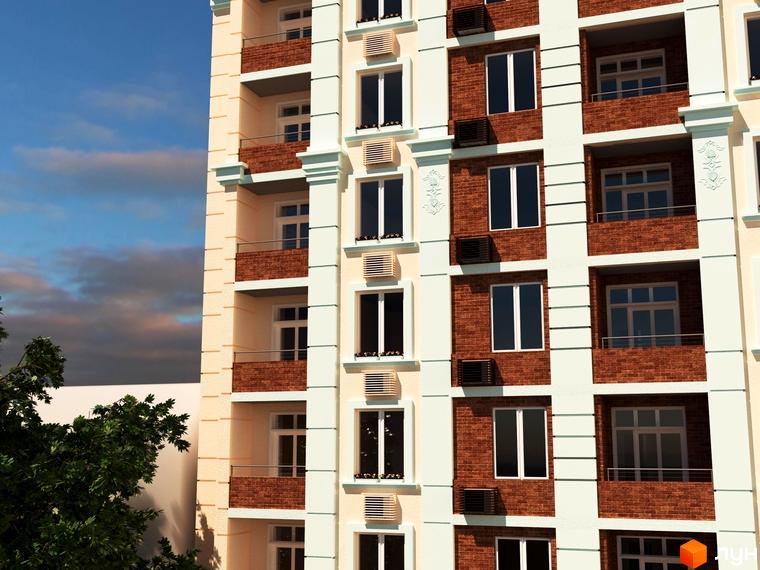 Багатоповерховий будинок Житлового комплексу Дім на Запорізькій з бежевими та цегляними фасадами, балконами та вікнами. Видно зелені дерева на прибудинковій території.