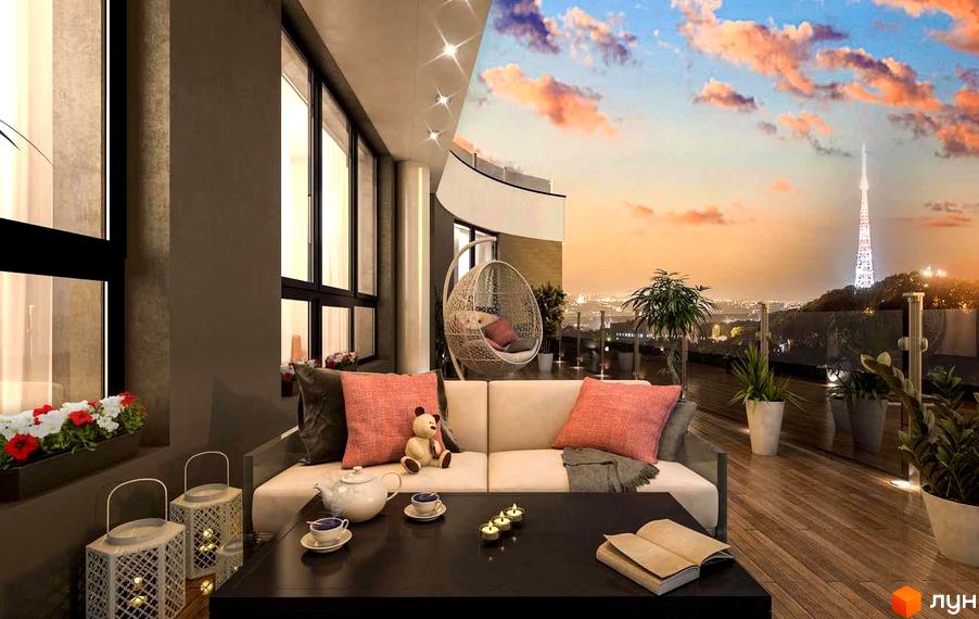 Балкон житлового комплексу Парус Life з диваном, кріслом-підвісом та видом на місто на заході сонця. Затишна зона відпочинку на терасі з квітами та ліхтарями.