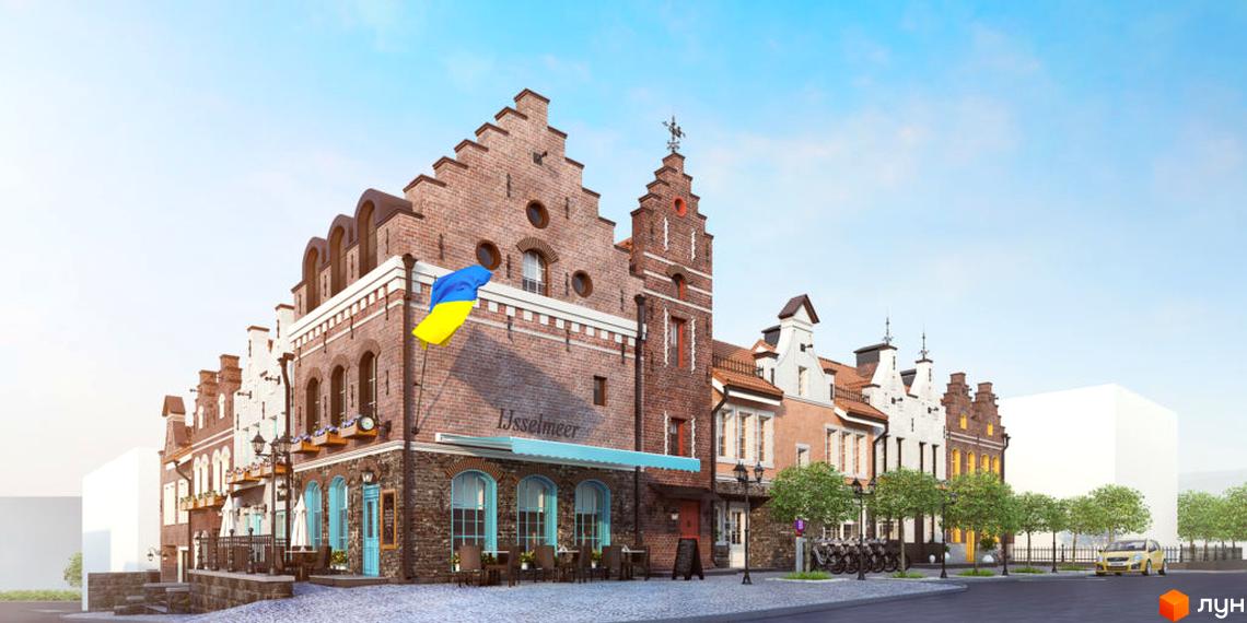 Ряд цегляних таунхаусів Luxembourg з фігурними фронтонами та великими вікнами. Перед будинками брукована вулиця з деревами та вуличними ліхтарями.