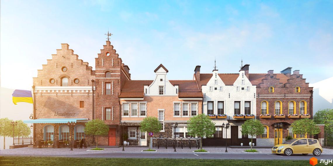 Таунхауси Luxembourg: ряд будинків з цегляними та світлими фасадами, фігурними фронтонами. На вулиці дерева, ліхтарі, кафе та жовтий автомобіль.