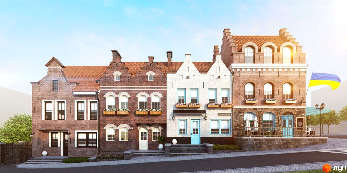 Фасад Таунхаусів Luxembourg: цегляні будинки з різними дахами, арковими вікнами та квітковими ящиками. На вулиці бруківка, зелень та прапор України.