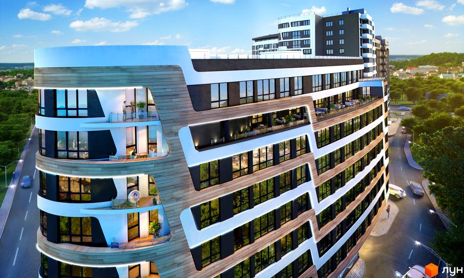 Новобудова ЖК Парус Life з унікальним вигнутим фасадом та просторими балконами. Навколо будинку зелена зона та дорога з автомобілями.