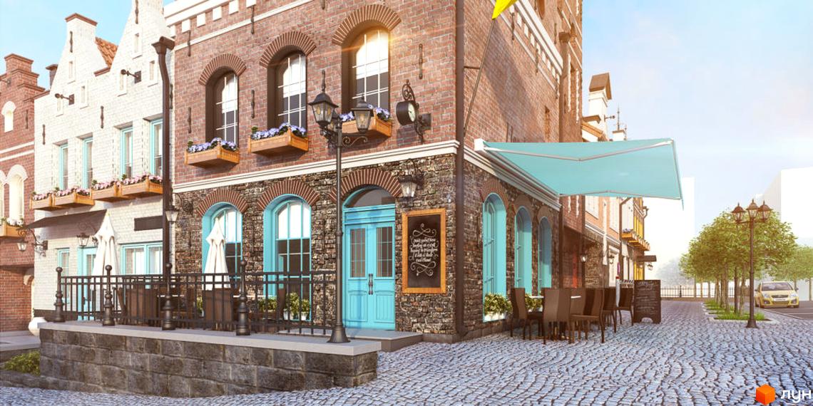 Зображення таунхаусів Luxembourg з фасадом з цегли та каменю. Перед будинком розташована тераса з кованими поручнями та літні столики.