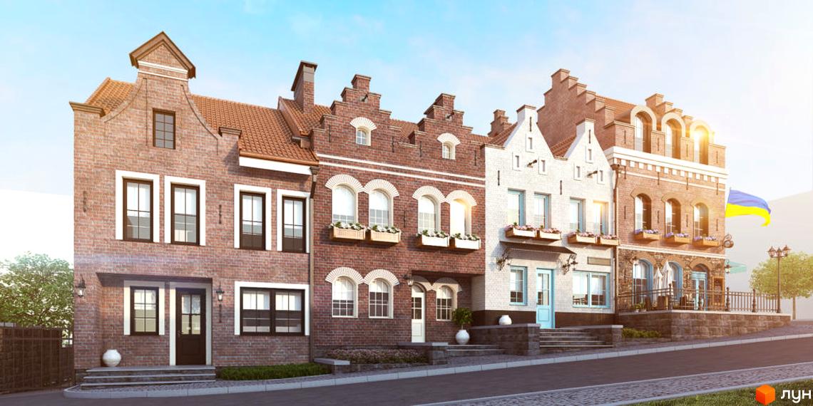 Ряд таунхаусів Таунхауси Luxembourg з цегляними фасадами, вікнами та дахами різної форми. Перед будинками бруківка, зелені насадження та прапор України.