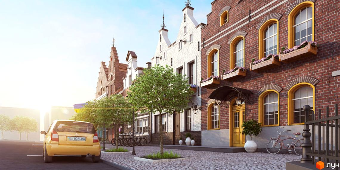 Зображення таунхаусів у Житловому комплексі Luxembourg. Фасад будинку з червоної цегли, вікна з жовтим обрамленням, квіти на підвіконнях.