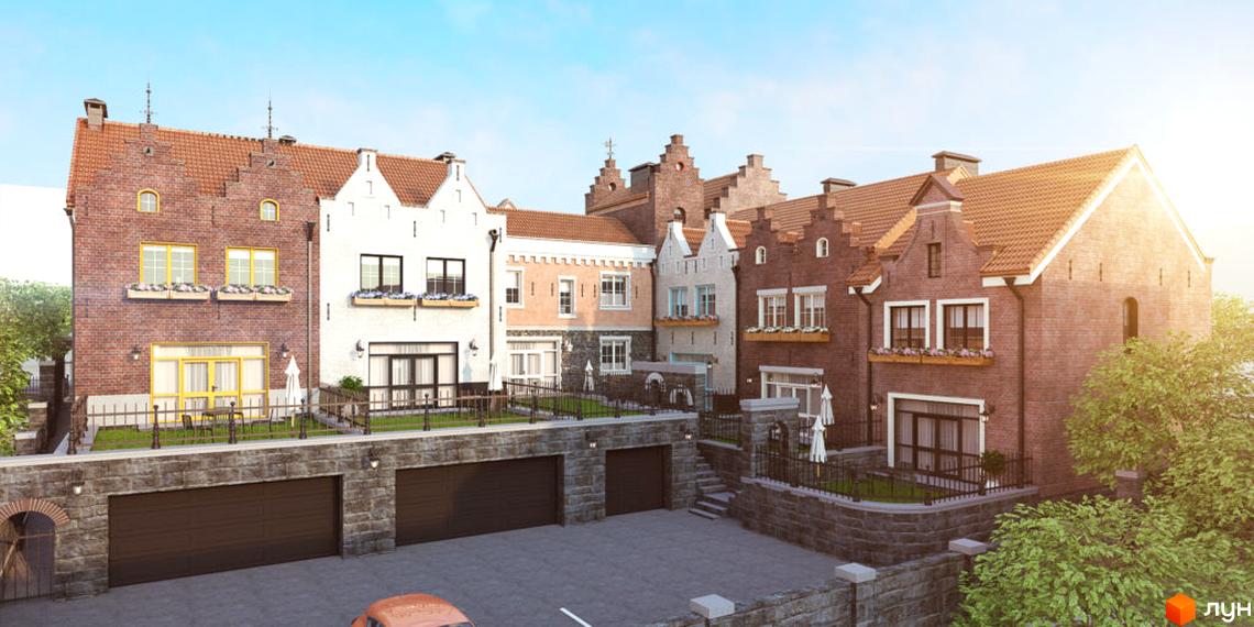 Фасади таунхаусів з цегли та світлої штукатурки, з вікнами, квітниками та гаражами. Прибудинкова територія Таунхаусів Luxembourg має мощення та зелені насадження.