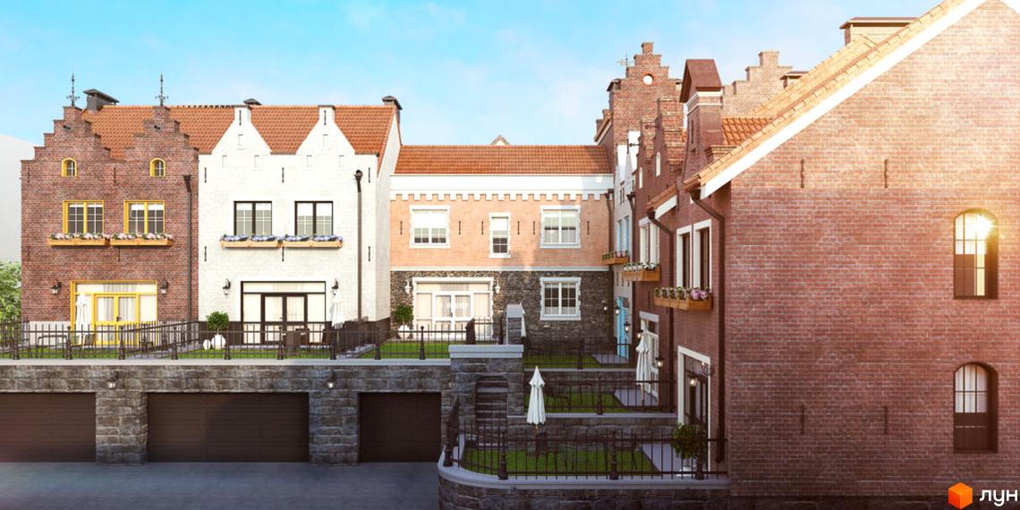 Зображення таунхаусів Luxembourg. Фасади будинків з червоної та білої цегли, тераси з кованими огорожами, доглянутий двір з газоном.