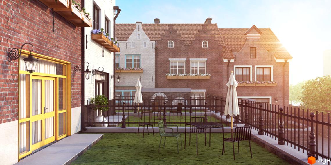 Зображення таунхаусів «Luxembourg» з червоної цегли. На території є зелений газон, столики та парасольки для відпочинку.