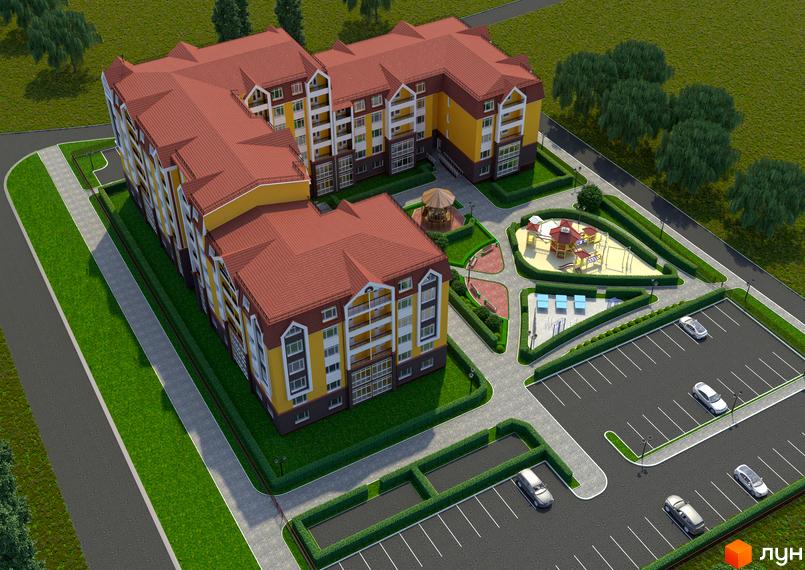 Житловий комплекс Тульчинський посад з жовтими фасадами та червоним дахом. На прибудинковій території розташовані дитячий майданчик, місця для відпочинку та парковка.