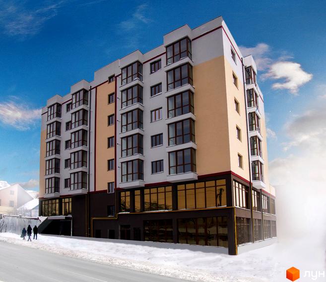 Багатоповерховий будинок Житлового комплексу на вулиці Карнаухова, 47-49. Фасад будівлі виконаний у світлих тонах з великими вікнами. Навколо будинку лежить сніг.