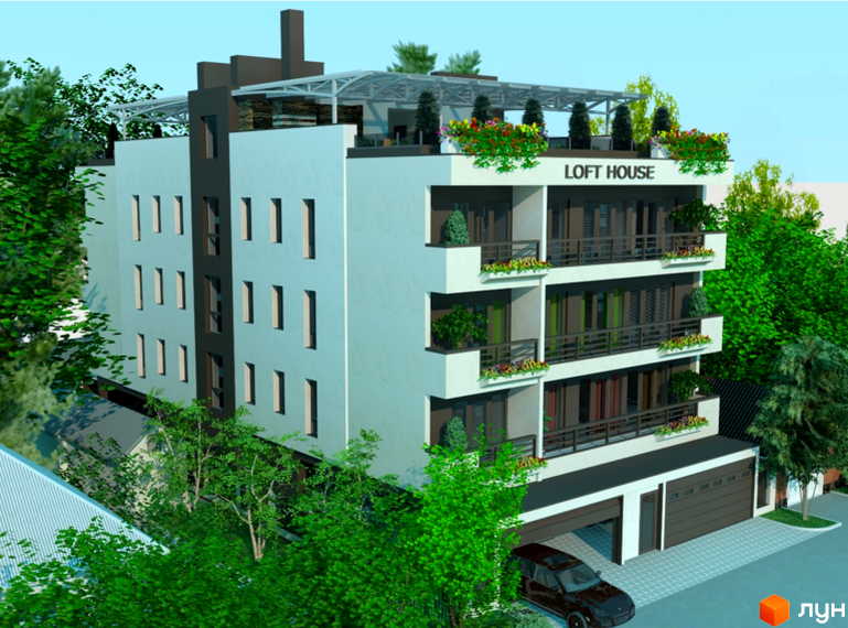 Зображення чотириповерхового будинку Житлового комплексу Loft House з балконами та озелененням на даху. На передньому плані дерева та припаркований автомобіль.