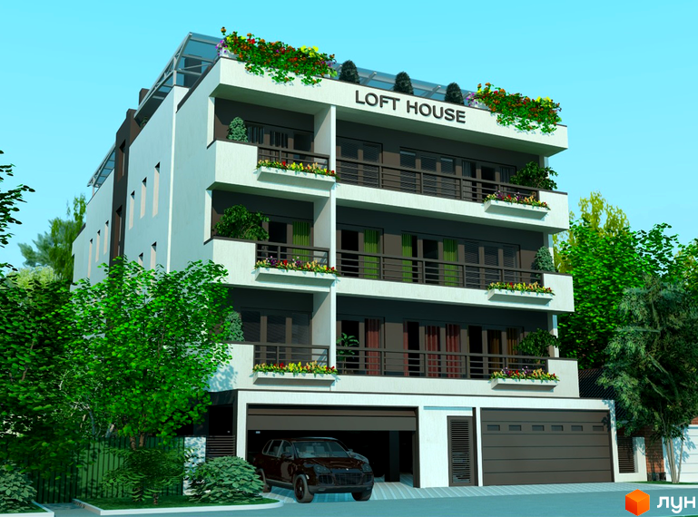 Житловий комплекс Loft House з білим фасадом, балконами з квітами та великими вікнами. Навколо будинку зелені дерева та кущі, є паркінг.
