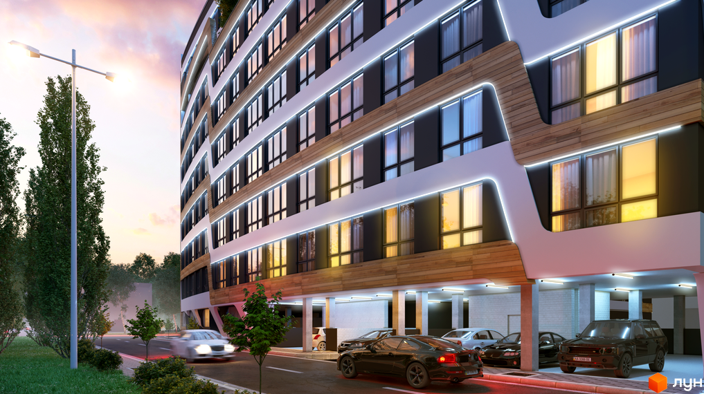 Зображення фасаду та прибудинкової території Житлового комплексу Парус Life. Багатоповерховий будинок з паркінгом та автомобілями.