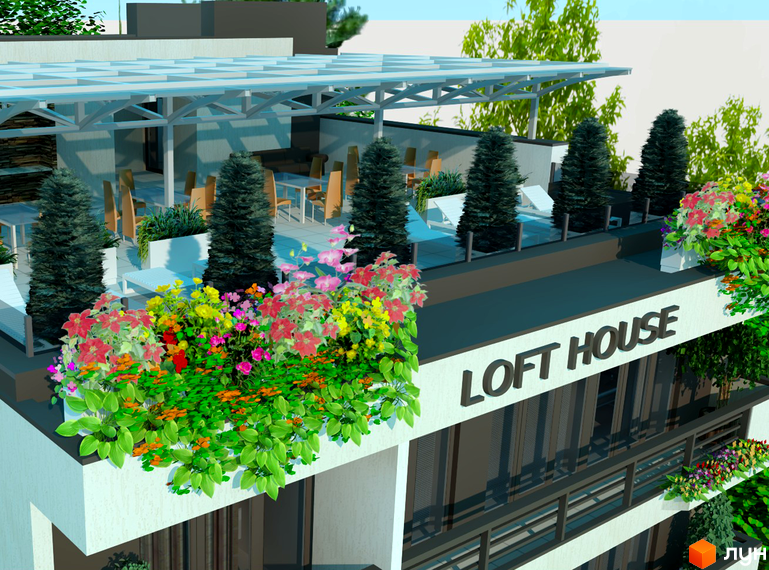 Зображення екстер'єру Новобудови Loft House з терасою на даху, озелененою квітами та деревами. Вигляд на будівлю з балконами та панорамними вікнами.
