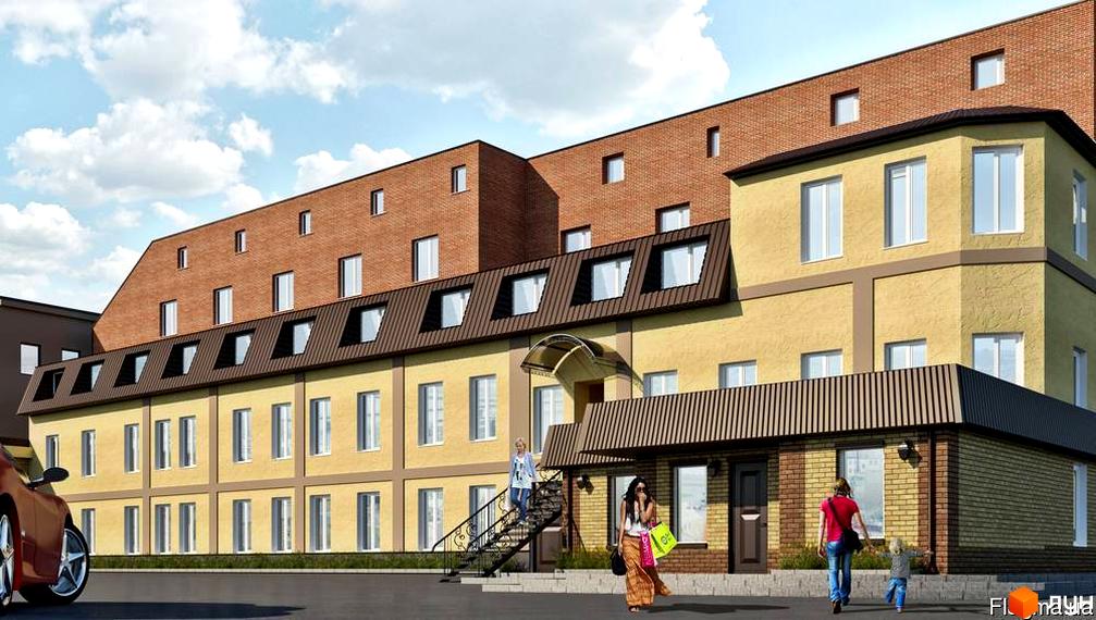 Зображення фасаду Житлового комплексу Пушкін. Двоповерхова будівля з мансардним дахом та вікнами.