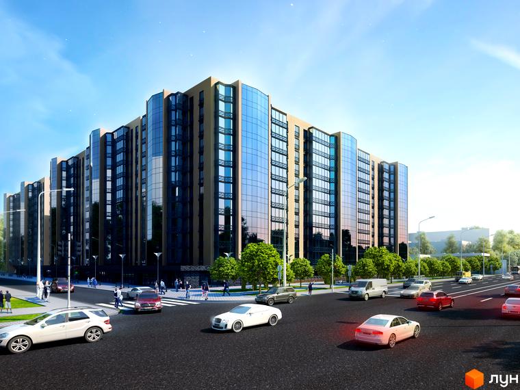 Житловий комплекс River Park: багатосекційний будинок зі скляними фасадами та світлими стінами. Поруч дорога з автомобілями, зелені насадження та пішоходи.