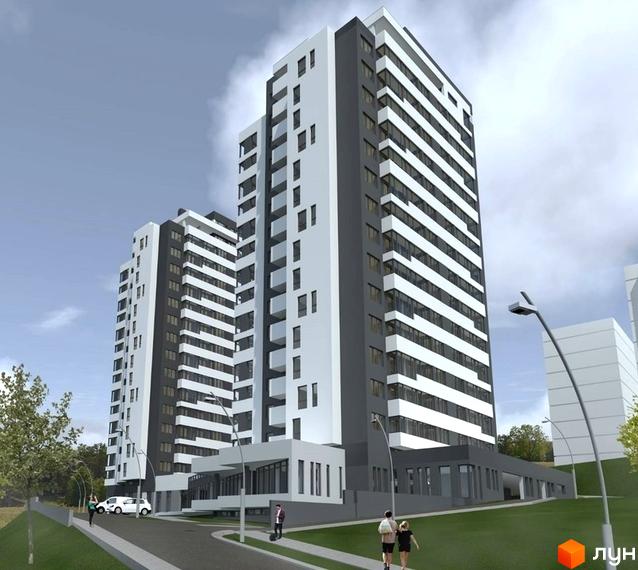 Житловий комплекс Strim Towers: багатоповерхові будинки з сіро-білими фасадами та численними вікнами. Навколо зелені газони, дорога та пішохідні доріжки.