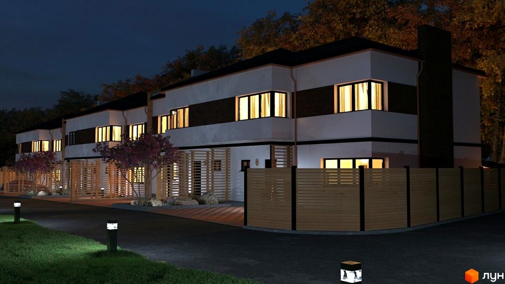 Новобудова на вул. Зелена бічна вночі. Зовнішній вигляд будинків з підсвіченими вікнами та огородженою територією. Прибудинкова територія освітлена ліхтарями.