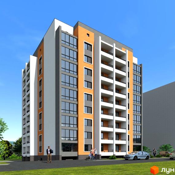 Зображення багатоповерхового будинку на вул. Володимира Великого, 9а. Житловий комплекс з великими вікнами та балконами, поруч зелена територія.