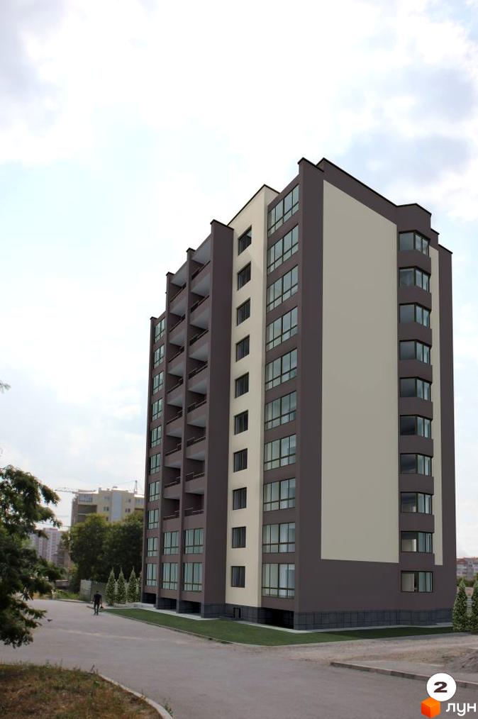 Зображення багатоповерхового будинку за адресою вул. Володимира Великого, 9а. Вигляд фасаду та прибудинкової території Новобудови.