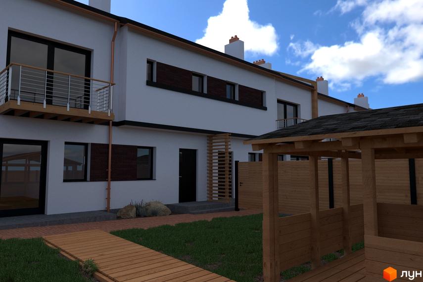 Зовнішній вигляд новобудови на вул. Зелена бічна. Прибудинкова територія з дерев'яною альтанкою та газоном.