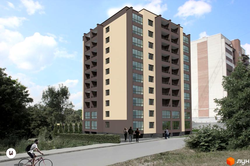 Житловий комплекс на вул. Володимира Великого, 9а: багатоповерховий будинок з коричнево-бежевим фасадом та зеленою прибудинковою територією.