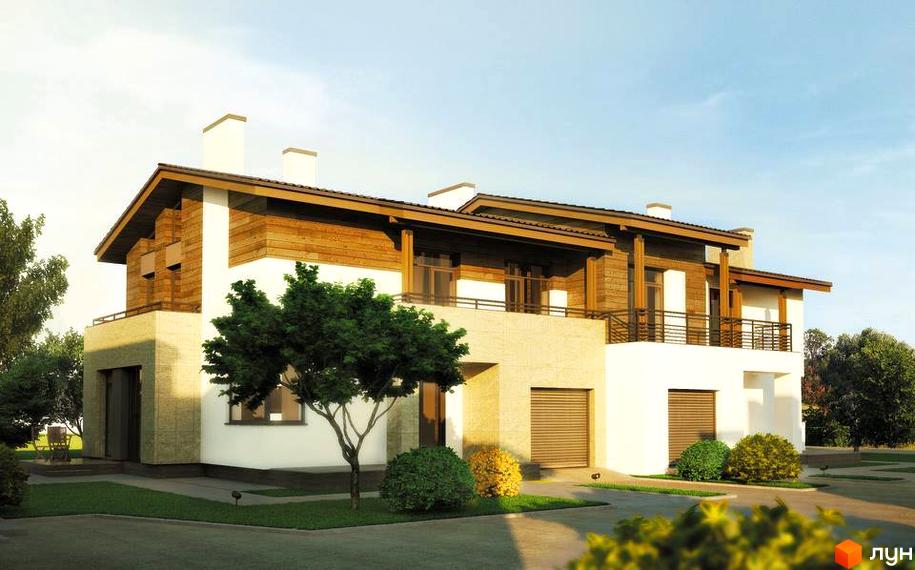 Двоповерховий будинок з дерев'яним оздобленням фасаду та балконами. На прибудинковій території є зелені насадження та газон.