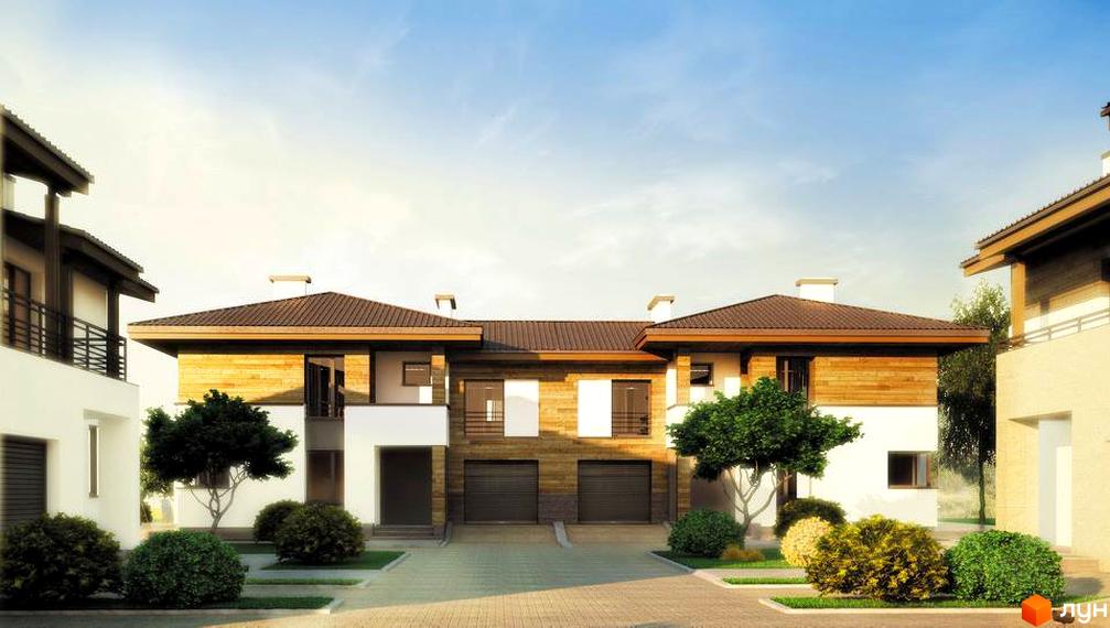 Зображення фасаду будинку житлового комплексу. На передньому плані доглянута прибудинкова територія з кущами та деревами.