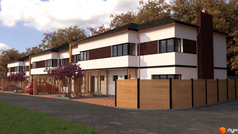 Сучасні двоповерхові будинки з білою штукатуркою та цегляними вставками. Перед будинками розташовані дерев'яні навіси для автомобілів та паркани.