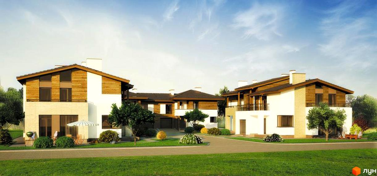 Зображення житлового будинку з білими стінами та коричневим дахом. Перед будинком розташована доглянута прибудинкова територія з газоном, деревами та кущами.