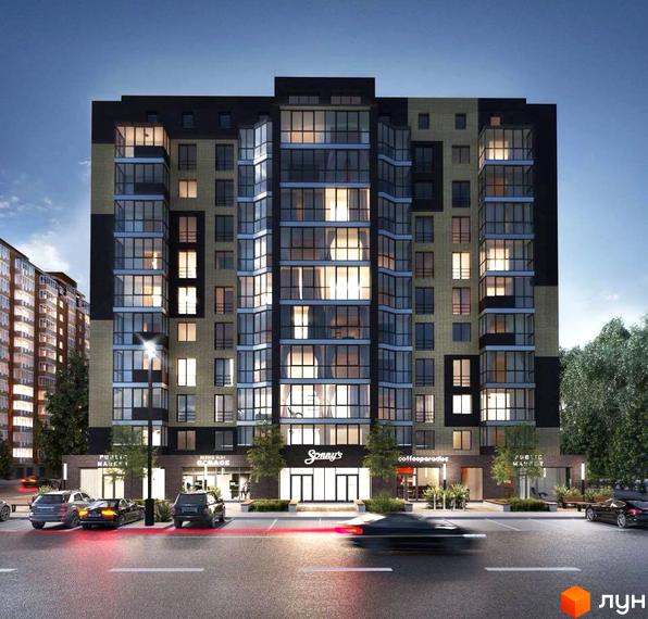 Зображення фасаду багатоповерхового будинку ЖК Parthenon з великими вікнами та вхідною групою. На першому поверсі розташовані комерційні приміщення, перед будинком парковка та дорога.