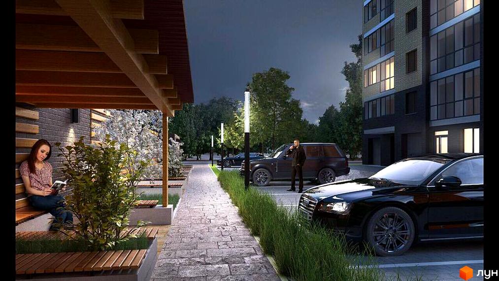 Зображення сторінки житлового комплексу. На фото багатоповерховий будинок з великими вікнами та прибудинкова територія з лавками, рослинами та освітленням.