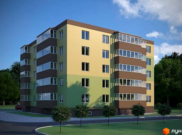 Багатоповерховий будинок з великими вікнами та балконами. На території комплексу є зелені насадження та доріжки.