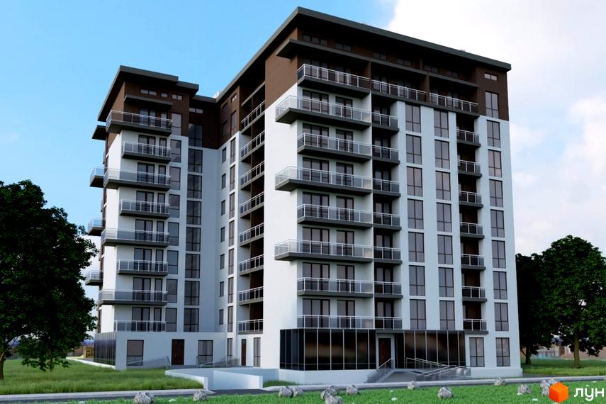 Висотна будівля житлового комплексу з балконами та панорамними вікнами. На прибудинковій території газон, дерева та каміння.