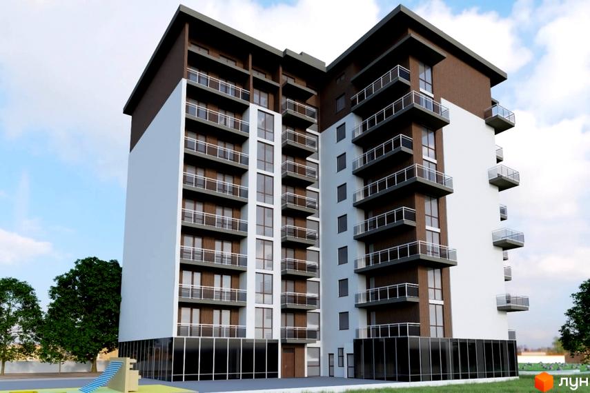 Багатоповерховий будинок з балконами та панорамними вікнами. На прибудинковій території є дитячий майданчик та зелені насадження.