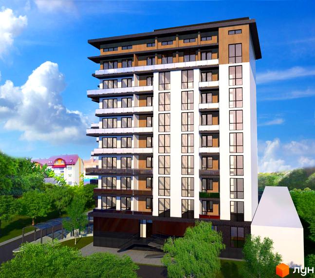 Висотна новобудова з панорамними вікнами та балконами. На прибудинковій території зелені насадження та доріжки.