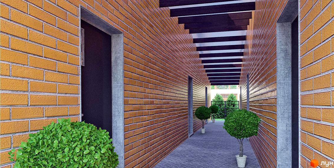 Цегляний будинок з темними віконними рамами та декоративними кущами. Доглянута прибудинкова територія з декоративними деревами.