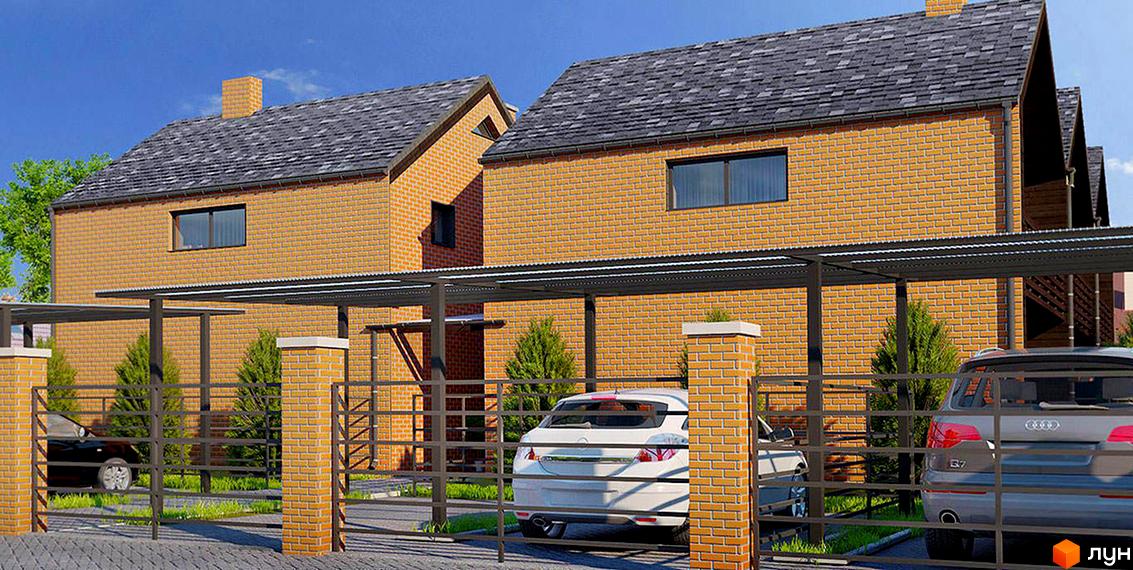 Зображення житлового комплексу. Цегляні будинки з темною покрівлею та паркуванням перед ними. На території є зелені насадження та ковані огорожі.