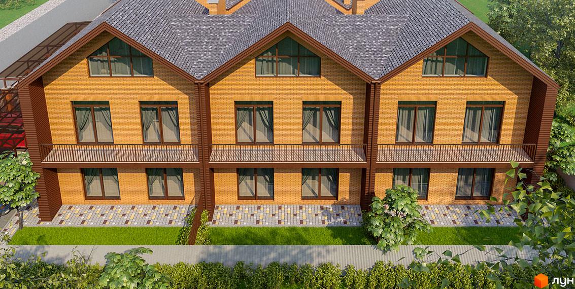 Зображення сторінки житлового комплексу. На фото зображено ряд двоповерхових будинків з цегляними фасадами та сірими дахами. Перед будинками розташована доглянута прибудинкова територія з газонами та доріжками.