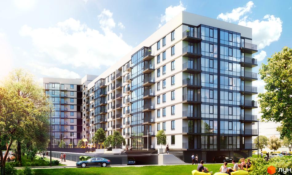 Житловий комплекс Avalon Light з панорамним склінням та балконами. Прибудинкова територія з деревами та місцями для відпочинку.
