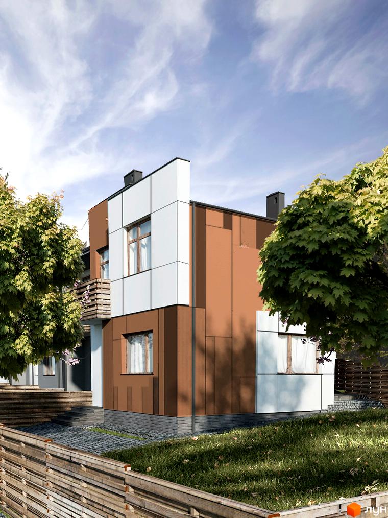 Котеджне містечко Палітра: двоповерховий будинок з коричневими та білими фасадами, великими вікнами, балконом та деревами навколо. Прибудинкова територія з дерев'яним парканом та газоном.