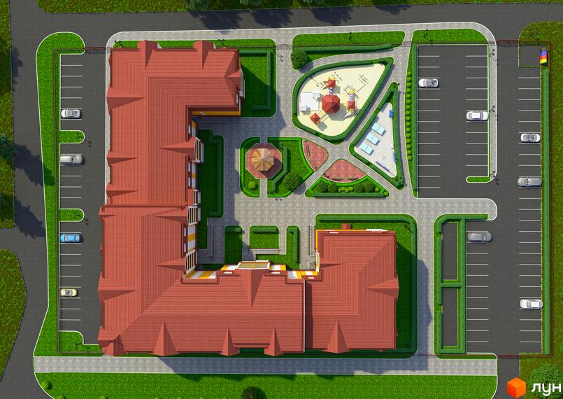 Житловий комплекс Тульчинський посад з червоним черепичним дахом та прибудинковою територією з дитячим майданчиком та парковкою.