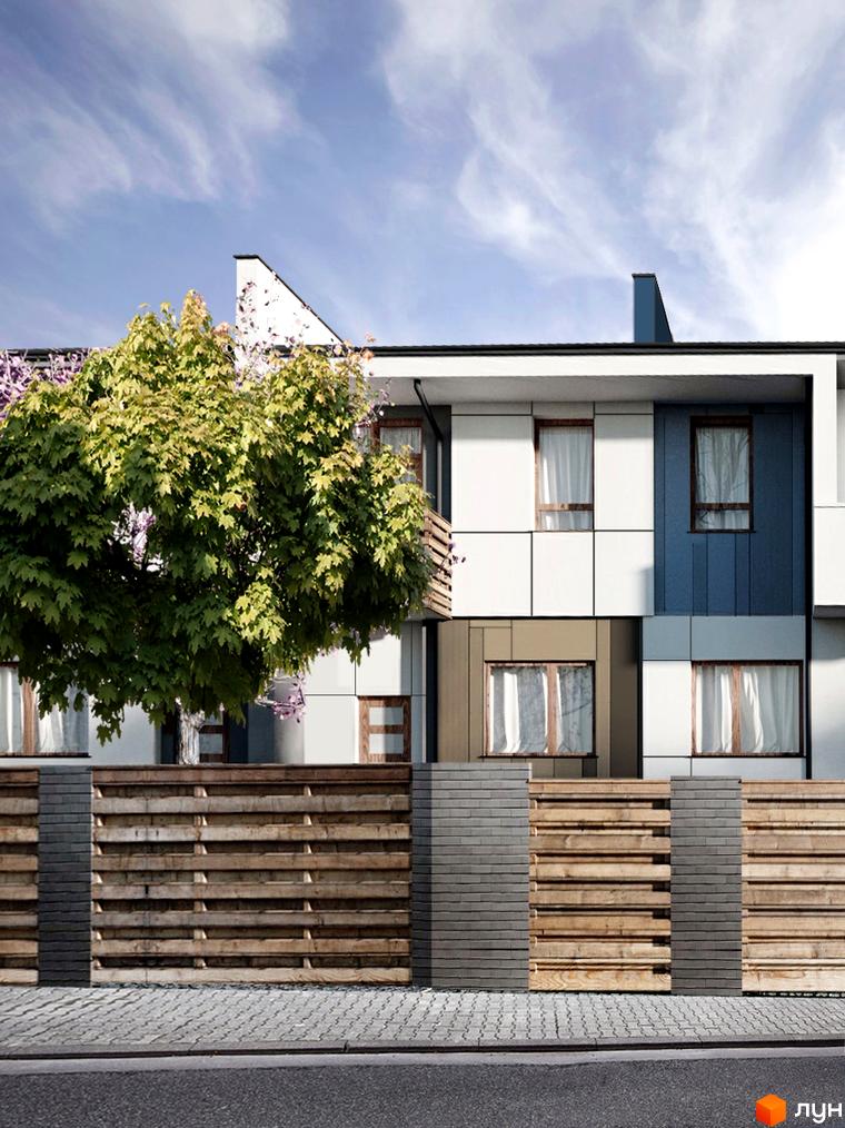 Котеджне містечко КМ Палітра: фасади будівель з білою, синьою та коричневою обробкою, вікна з білими шторами. Огородження з дерев'яних дощок та цегляних стовпів.