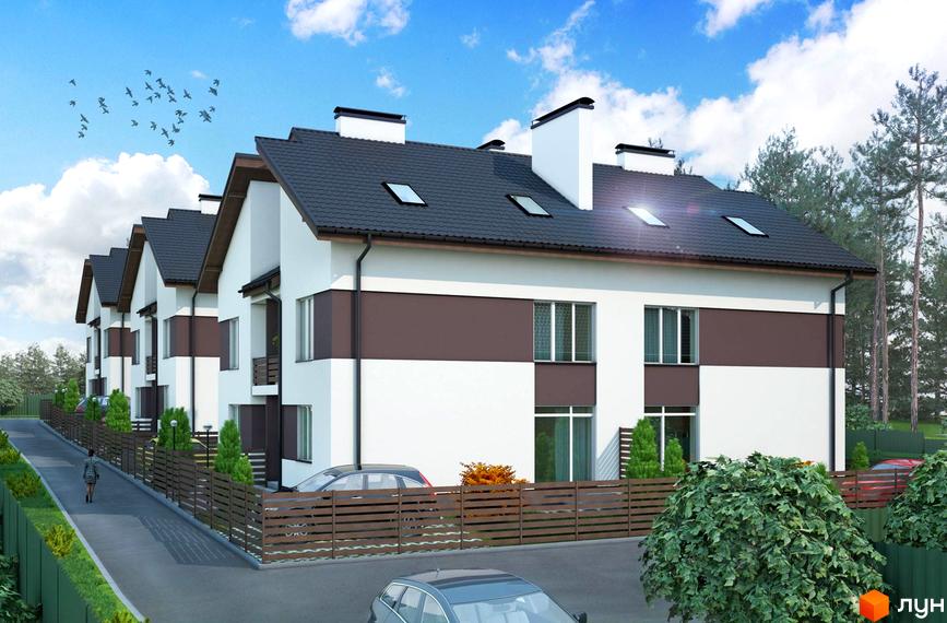 Зображення житлового комплексу. Будинки з білими стінами та темно-коричневими вставками, темний дах. Перед будинками розташований дерев'яний паркан, зелені насадження та автомобілі.
