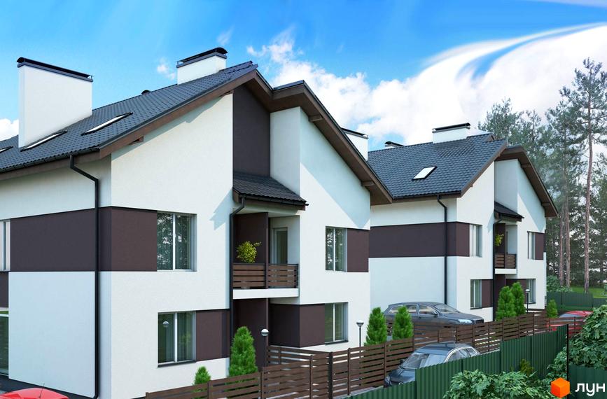 Зображення фасаду будинку в КМ Софія Таун. На фото видно білі стіни з коричневими вставками, темну покрівлю та зелену прибудинкову територію з деревами та автомобілями.