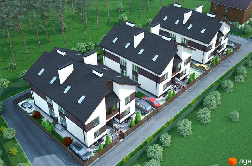 Зображення житлового комплексу КМ Софія Таун. Триповерхові будинки з темними дахами та білими стінами. На території є парковка для автомобілів та зелені насадження.