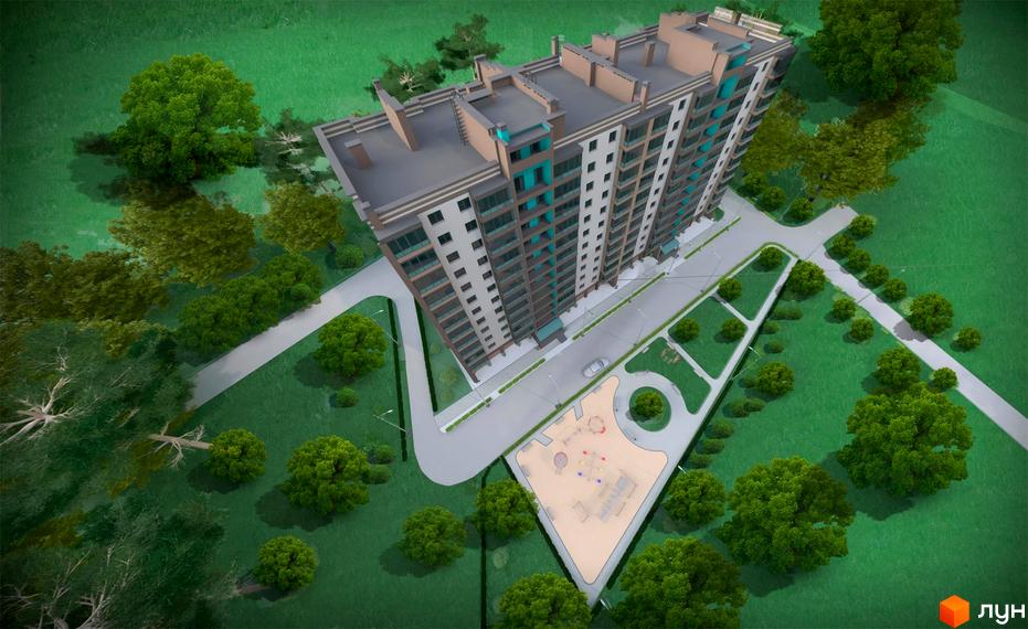 Висотна будівля ЖК Перлини Корбутівки з великими вікнами та балконами. На прибудинковій території є дитячий майданчик, зелені насадження та доріжки.