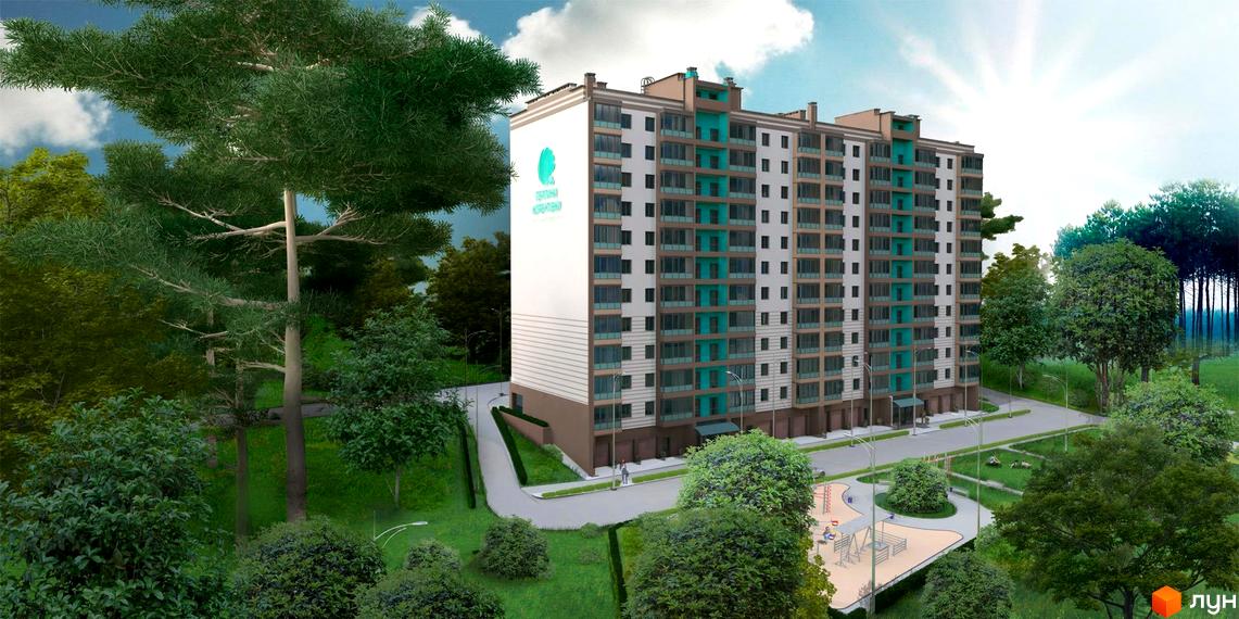 Багатоповерхова новобудова ЖК Перлини Корбутівки з білим фасадом, бірюзовими вставками та великими вікнами. На прибудинковій території є дитячий майданчик та зелені насадження.