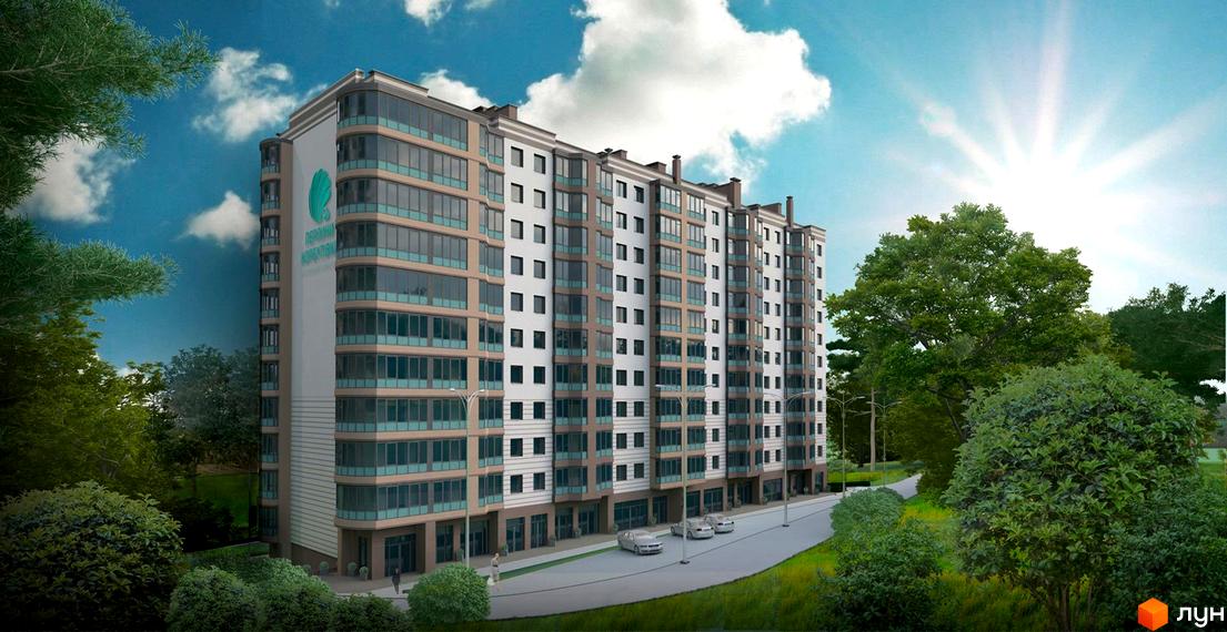 Багатоповерховий будинок ЖК Перлини Корбутівки з великими вікнами та світлим фасадом. Навколо будинку зелені насадження та дорога.
